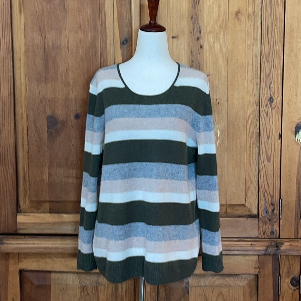 41 Hawthorn Rella Cashmere Crewneck Striped Green, Tan, Gray, Cream Size Medium